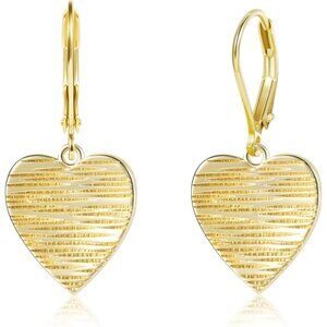Women's Heart Dangle Geometric Flat Hammered Drop Leverback Gold Earrings